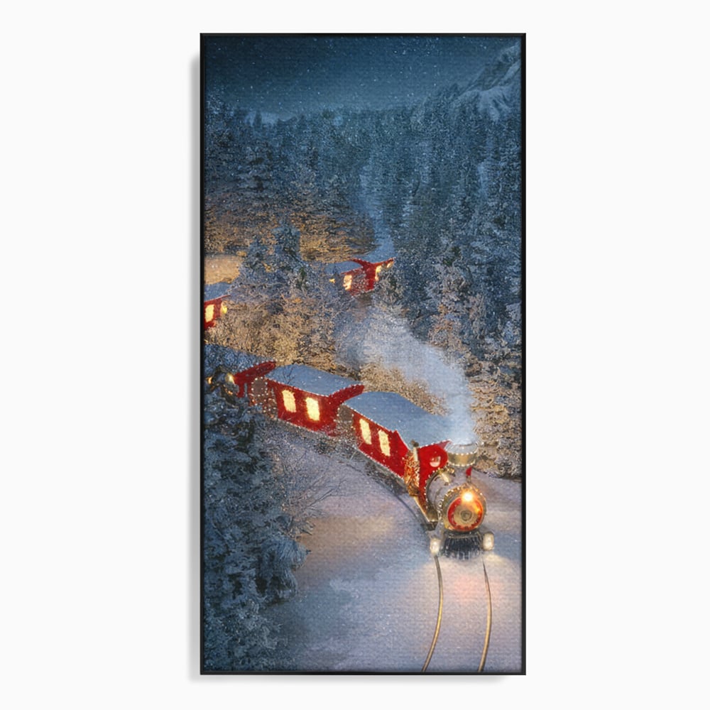 Tablou canvas cu tren rosu de craciun in zapada, in rama de aluminiu negru